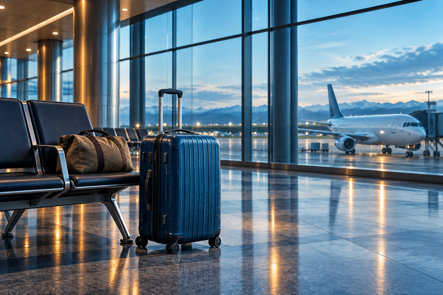 Cabin suitcase and personal bag at an airport gate overlooking an aircraft