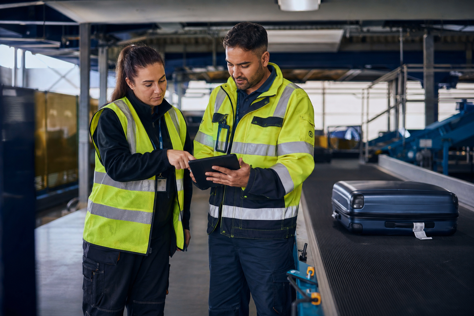 Airport baggage teams reviewing operational information beside a conveyor