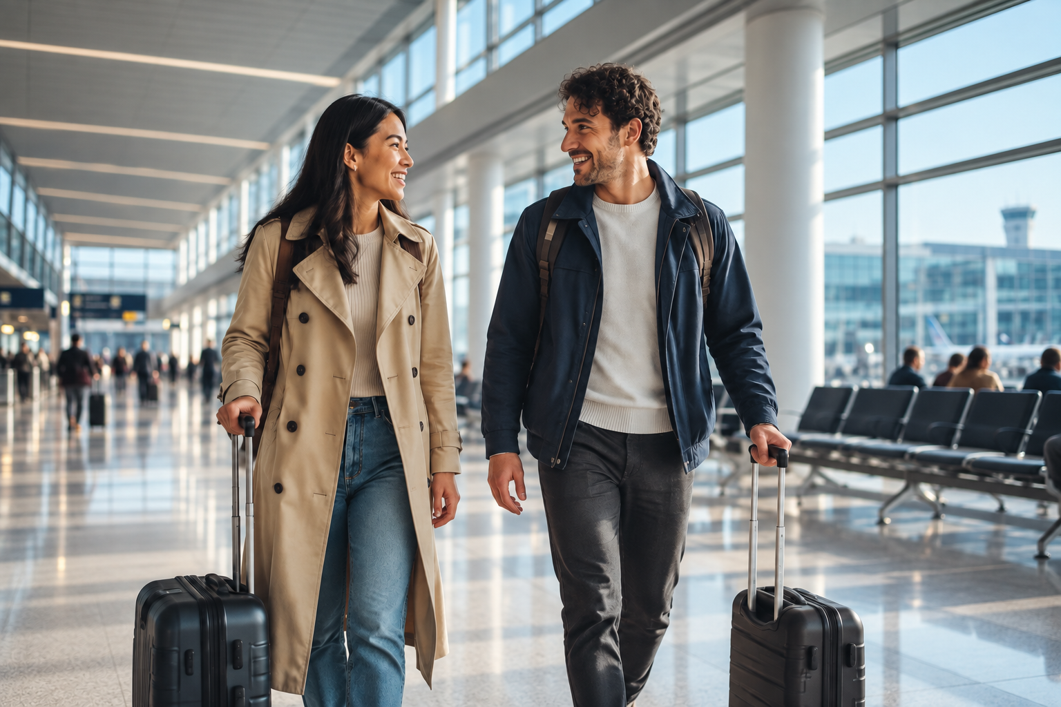 Passengers travelling through an airport with their carry-on bags